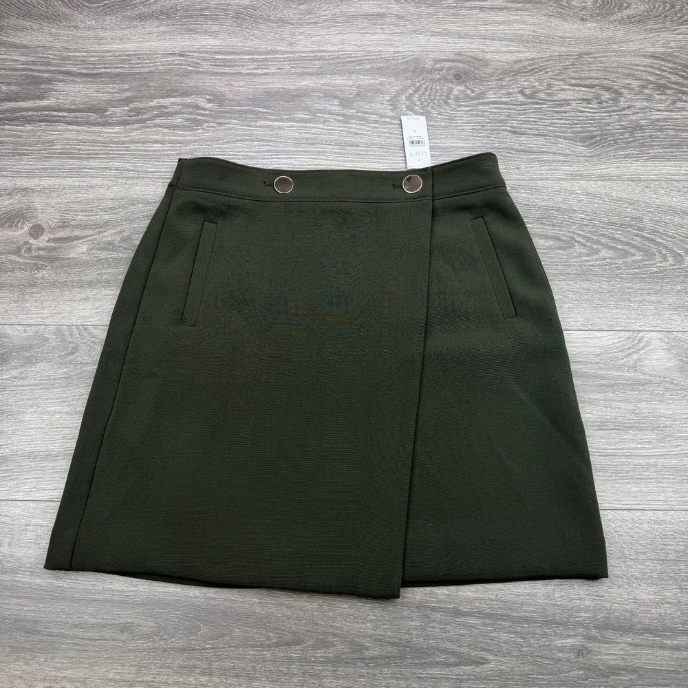 Ann Taylor LOFT Faux Wrap Skirt Womens 6 Olive Green Military Button Front Mini